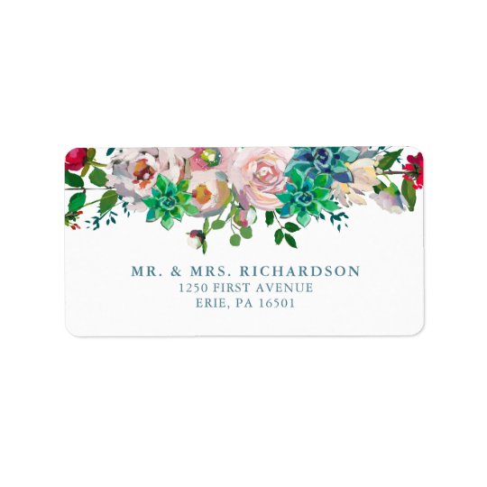 Grüne Watercolor-Succulents und Blumen Wedding | Adressaufkleber