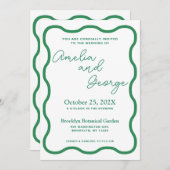 Grüne Wavy Retro Hochzeitseinladung Einladung (Vorne/Hinten)