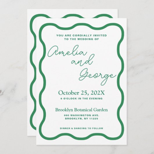 Grüne Wavy Retro Hochzeitseinladung Einladung (Vorne/Hinten)