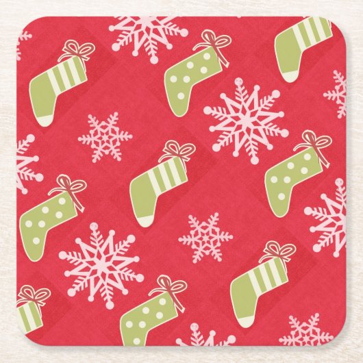 Grüne Weihnachts-Strumpf und Schneeflocken Rot Rechteckiger Pappuntersetzer (Vorderseite)