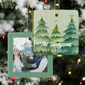 Grüne Weihnachtsbaum-Foto-Feiertags-Anpassung Keramikornament