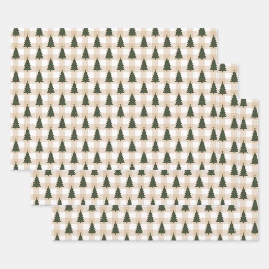Grüne Weihnachtsbäume auf Creme Kariert Geschenkpapier Set (Set)