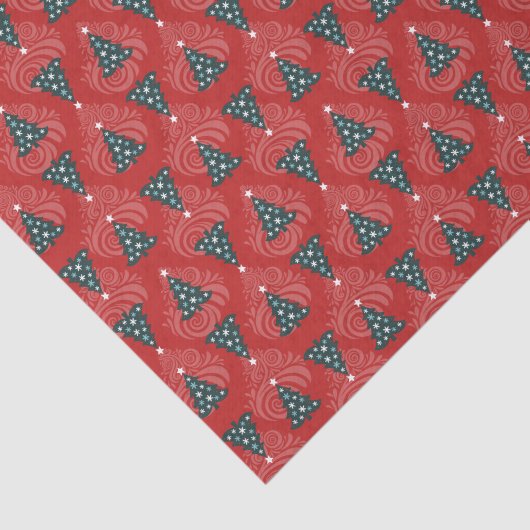 Grüne Weihnachtsbäume auf dem Roten Swirl Seidenpapier (Ausschnitt)