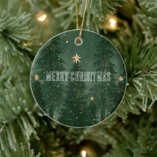 Grüne Weihnachtsbäume Goldene Sterne Keramik Ornament