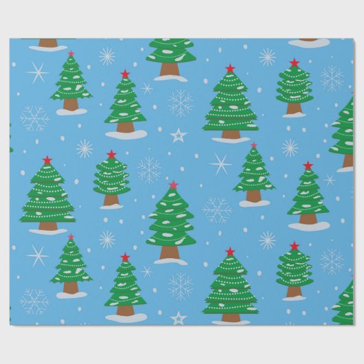 Grüne Weihnachtsbäume mit fallendem Schnee auf bla Geschenkpapier (Flach)