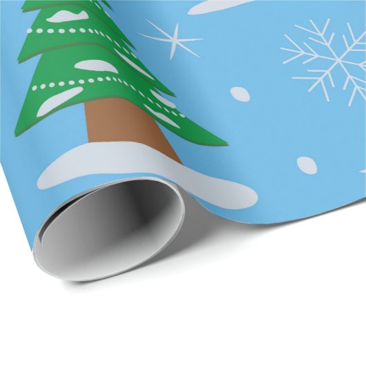 Grüne Weihnachtsbäume mit fallendem Schnee auf bla Geschenkpapier (Rolleneckpunkt)