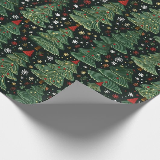 Grüne Weihnachtsbäume Schneeflocken Schwarze Weihn Geschenkpapier (Ecke)