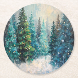 Grüne Weihnachtsbäume Winterwald Runder Pappuntersetzer