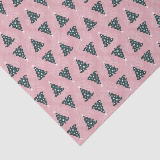 Grüne Weihnachtsbaumen auf rosa Swirl Seidenpapier (Ausschnitt)