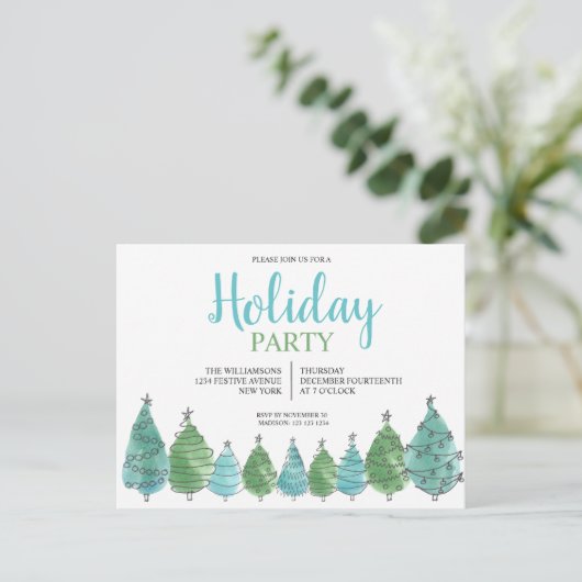 Grüne Weihnachtsbaumen Party Einladung Postkarte (Stehend Vorderseite)