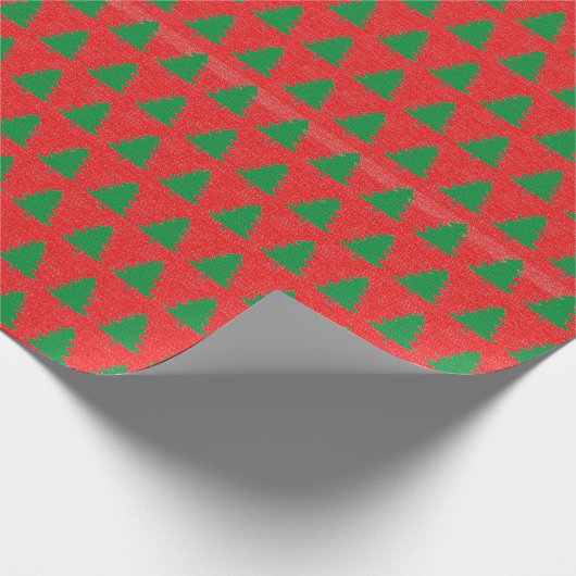Grüne Weihnachtsbaummuster auf rotem Hintergrund Geschenkpapier (Ecke)