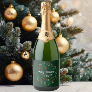 Grüne Weihnachtsfeier Custom Holly Berry Schaumweinetikett