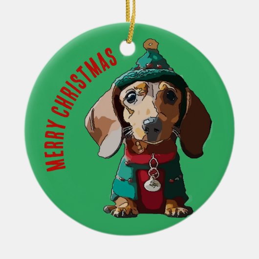 Grüne Weihnachtsfeier-Dackel Keramik Ornament (Vorne)