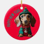 Grüne Weihnachtsfeier-Dackel Keramik Ornament (Hinten)