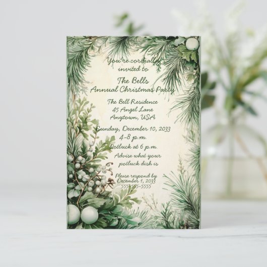 Grüne Weihnachtsfeiertage Blume Jährliches Party Einladung (Stehend Vorderseite)