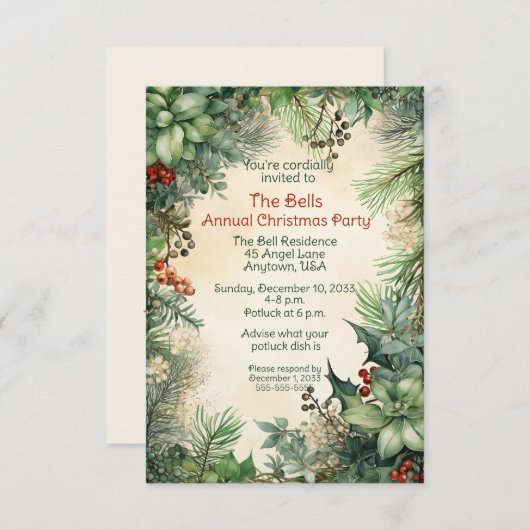 Grüne Weihnachtsfeiertage Blume Jährliches Party Einladung (Vorne/Hinten)