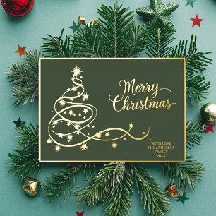 Grüne Weihnachtskarte Goldener Weihnachtsbaum Foto Folien Feiertagskarte