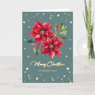 Grüne Weihnachtskarte mit Familienfoto und florale Feiertagskarte