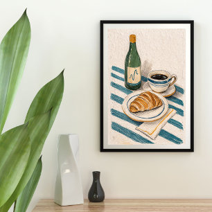 Grüne Weinflasche, schwarzer Tee, Croissant-Wandku Poster