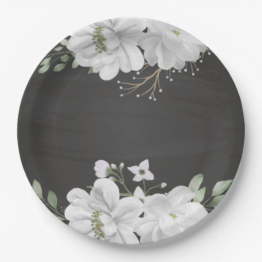 Grüne weiße Blume Blätter schwarz Pappteller (Vorderseite)