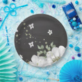 Grüne weiße Blume Blätter schwarz Pappteller (Party)