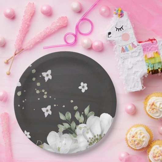 Grüne weiße Blume Blätter schwarz Pappteller (Party)