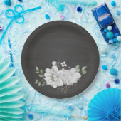 Grüne weiße Blume Blätter schwarz Pappteller (Party)