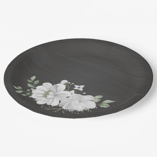 Grüne weiße Blume Blätter schwarz Pappteller (Schrägansicht)