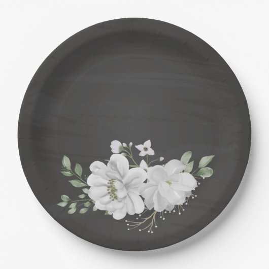 Grüne weiße Blume Blätter schwarz Pappteller (Vorderseite)