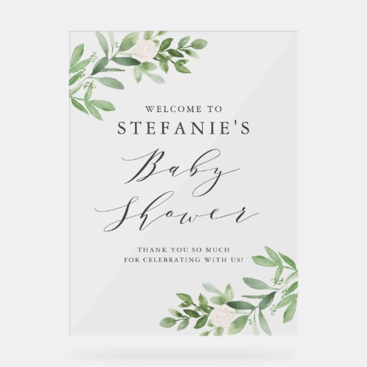 Grüne weiße Blume Graue Babydusche Empfang Acrylschild (Vorderseite)