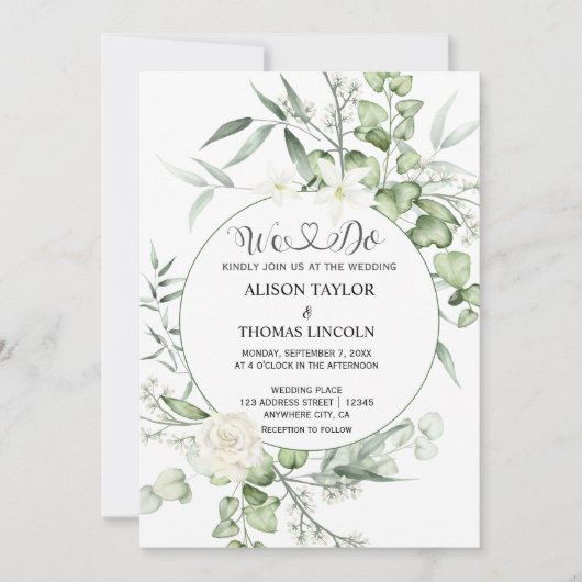 Grüne weiße Blumenkalligraphie Einladung (Vorderseite)