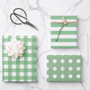 Grüne, weiße Gingham Dots Stripte Matching Geschenkpapier Set