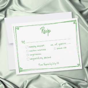 Grüne weiße handgezeichnete Herz Whimsical Hochzei RSVP Karte