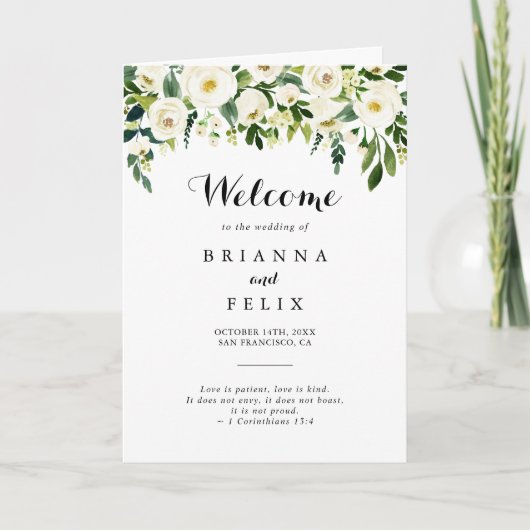 Grüne weiße Herbstblütenhochzeit Programm (Vorderseite)