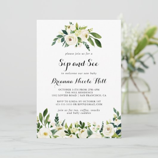 Grüne Weiße Herbstflora Sip and See Einladung (Stehend Vorderseite)