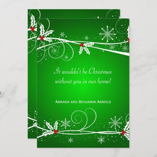 Grüne, weiße Holly Holiday Einladung Karte (Vorne/Hinten)