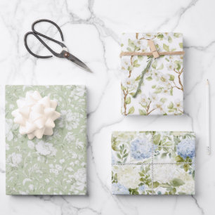 Grüne Weiße Romantische Florale Brautparty Geschenkpapier Set