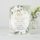 Grüne Weiße Rosen Eukalyptus fünfzig und fabelhaft Einladung (Stehend Vorderseite)