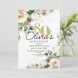 Grüne Weiße Rosen & Gold 80. Geburtstag Einladung