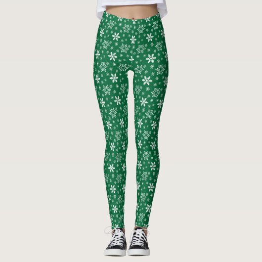 Grüne weiße Schneeflocken Weihnachten Leggings (Vorderseite)
