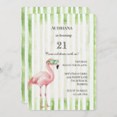 Grüne weiße Streifen Pink Flamingo Geburtstag Einladung (Vorne/Hinten)