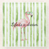 Grüne weiße Streifen rosa Flamingo Glasuntersetzer (Vorderseite)