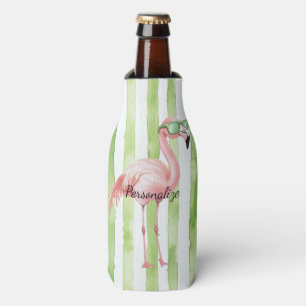 Grüne weiße Streifen rosa Flamingo Strand Flaschenkühler