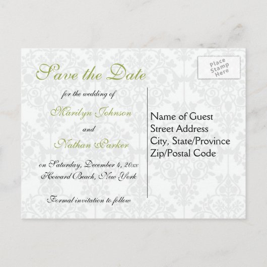 Grüne, weiße und schwarze Save the Date Postkarte (Rückseite)