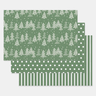 Grüne weiße Weihnachtsbäume Polka Punkte Streifen Geschenkpapier Set