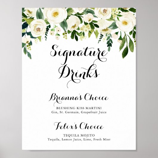 Grüne Weißer Herbst Blumen Signature Drinks Zeiche Poster (Vorne)