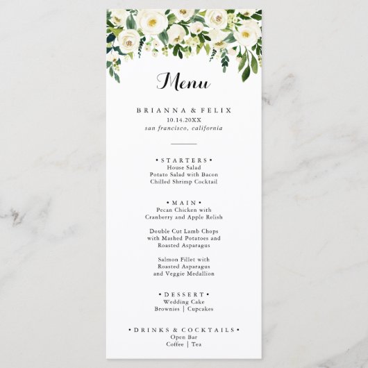 Grüne Weißer Herbst Blumenkalligrafie Abendessen Menükarte (Vorderseite)