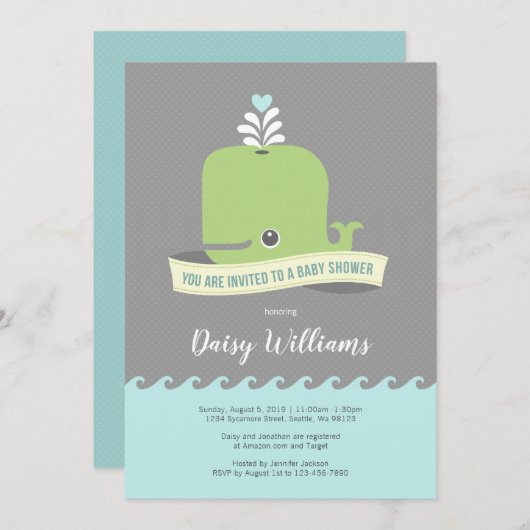 Grüne Whale Baby Dusche Einladung (Vorne/Hinten)