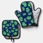 Grüne Whimsical Blume - Debatten über den blauen H Ofenhandschuh & Topflappen-Set (Vorderseite/Rückseite)