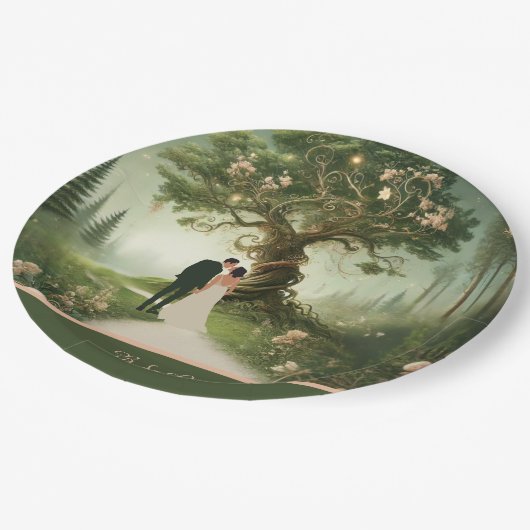 grüne Whimsical Mittelalterwaldhochzeit Pappteller (Schrägansicht)